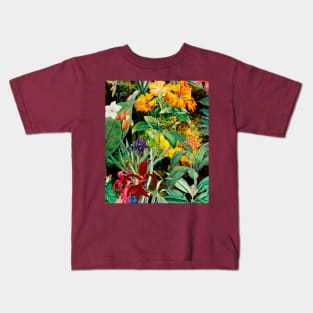 Colorful tropical floral leaves botanical illustration, tropical plants,leaves and flowers, black yellow leaves pattern Kids T-Shirt